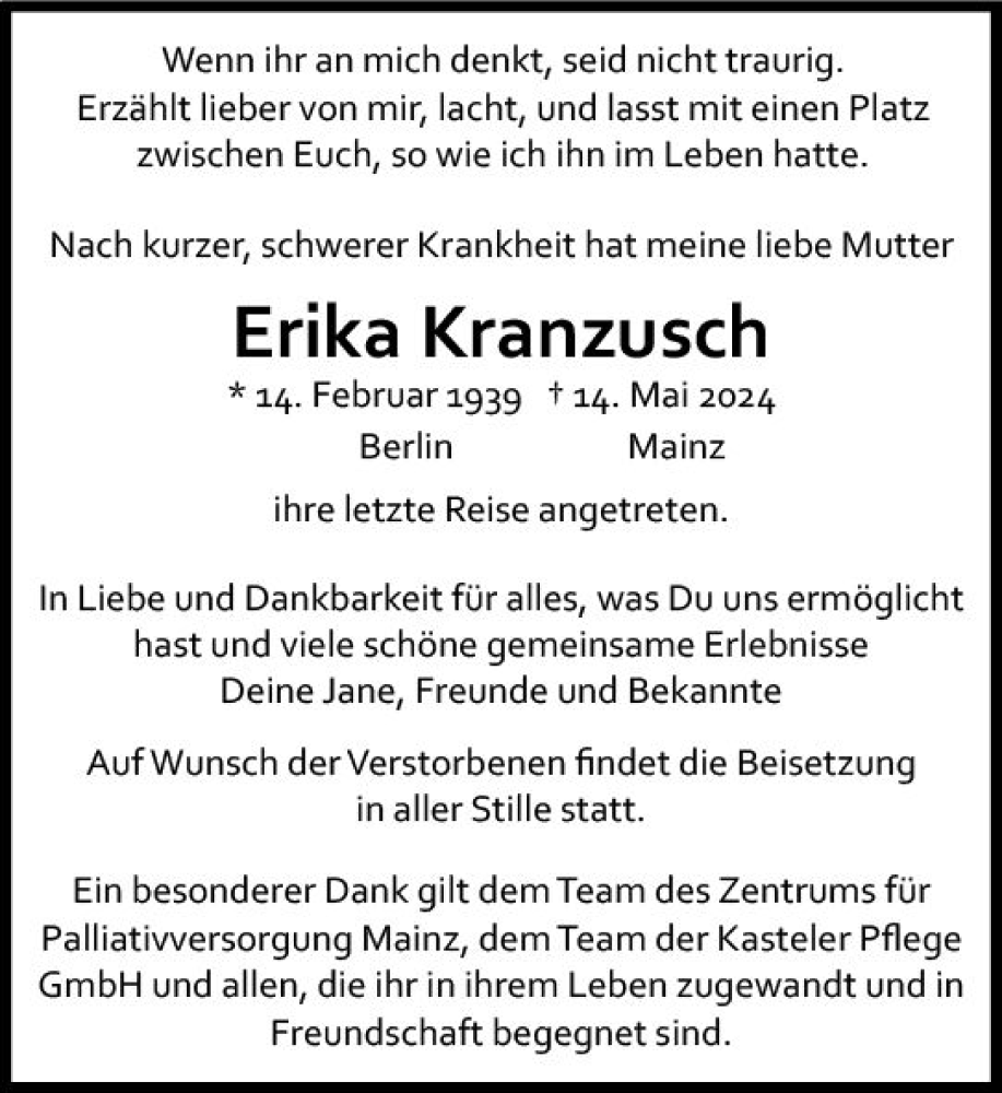  Traueranzeige für Erika Kranzusch vom 08.06.2024 aus Allgemeine Zeitung Mainz