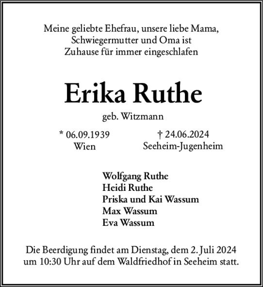  Traueranzeige für Erika Ruthe vom 29.06.2024 aus Darmstädter Echo