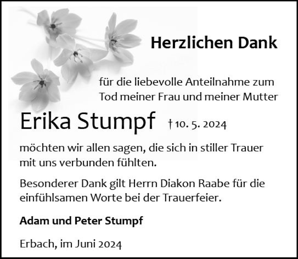  Traueranzeige für Erika Stumpf vom 08.06.2024 aus Odenwälder Echo