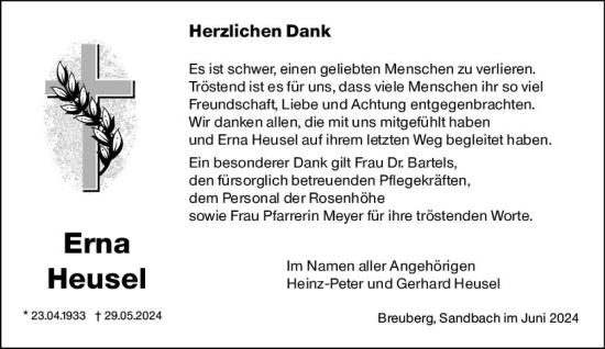 Traueranzeige von Erna Heusel von Odenwälder Echo