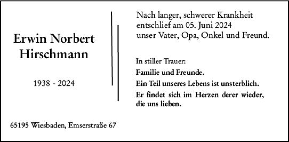  Traueranzeige für Erwin Hirschmann vom 15.06.2024 aus Wiesbadener Kurier