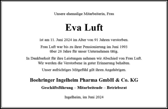 Traueranzeige von Eva Luft von Allgemeine Zeitung Mainz