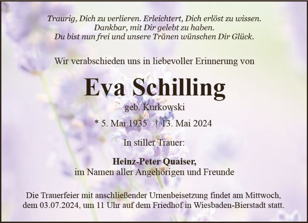  Traueranzeige für Eva Schilling vom 22.06.2024 aus Wiesbadener Kurier