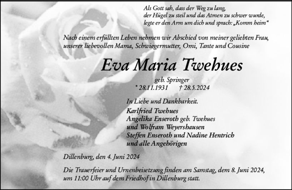  Traueranzeige für Eva Maria Twehues vom 04.06.2024 aus Dill Block