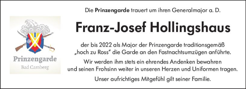  Traueranzeige für Franz-Josef Hollingshaus vom 27.06.2024 aus Camberger Anzeiger