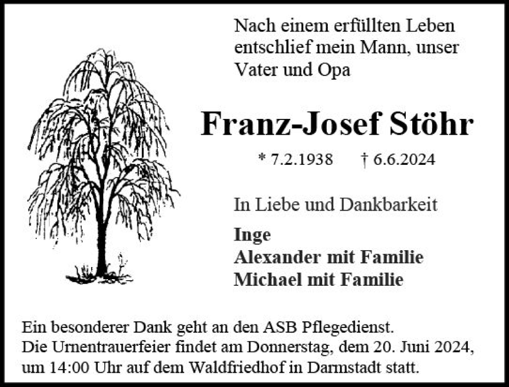  Traueranzeige für Franz-Josef Stöhr vom 15.06.2024 aus Darmstädter Echo