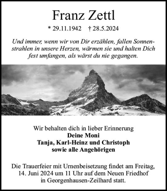 Traueranzeige von Franz Zettl von Darmstädter Echo