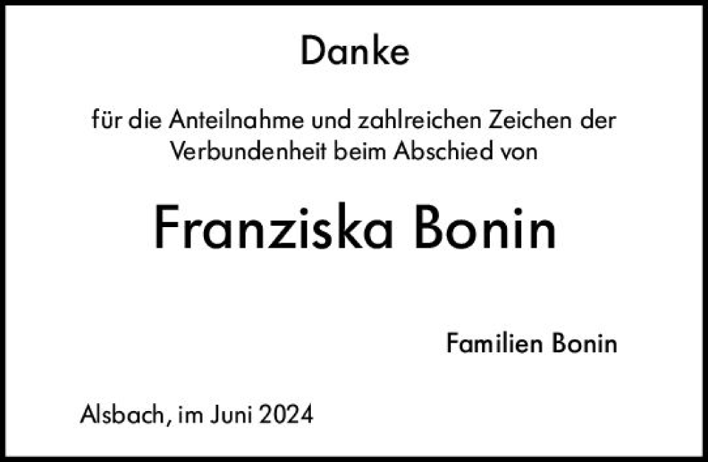  Traueranzeige für Franziska Bonin vom 22.06.2024 aus Darmstädter Echo