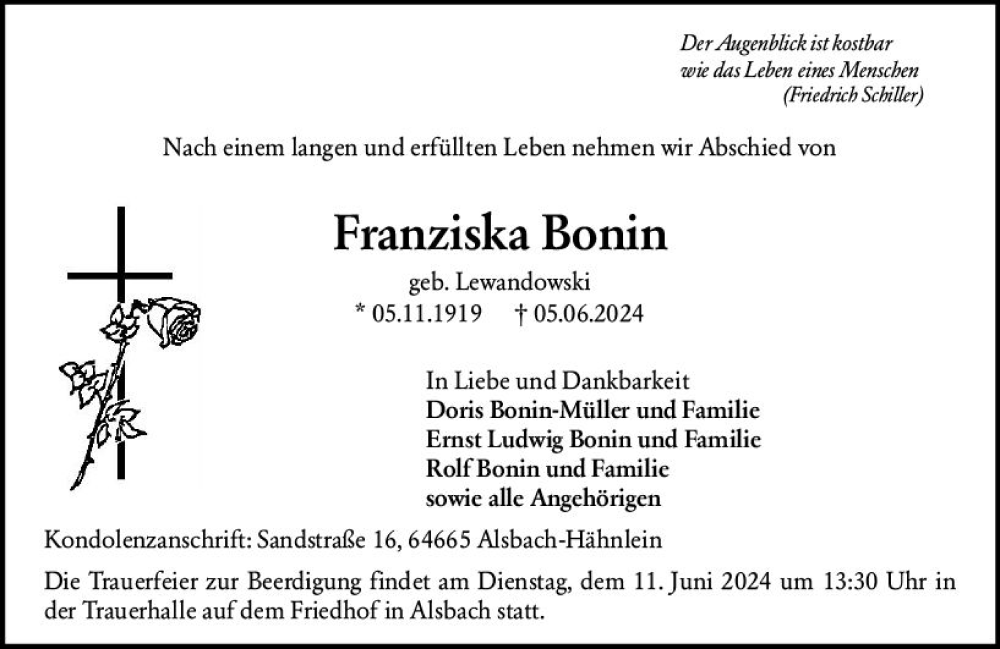  Traueranzeige für Franziska Bonin vom 08.06.2024 aus Darmstädter Echo