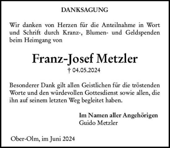 Traueranzeige von Franz Josef Metzler von Allgemeine Zeitung Mainz