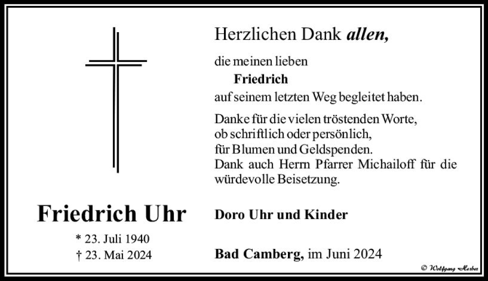  Traueranzeige für Friedrich Uhr vom 27.06.2024 aus Camberger Anzeiger