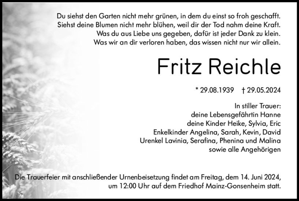  Traueranzeige für Fritz Reichle vom 08.06.2024 aus Allgemeine Zeitung Mainz