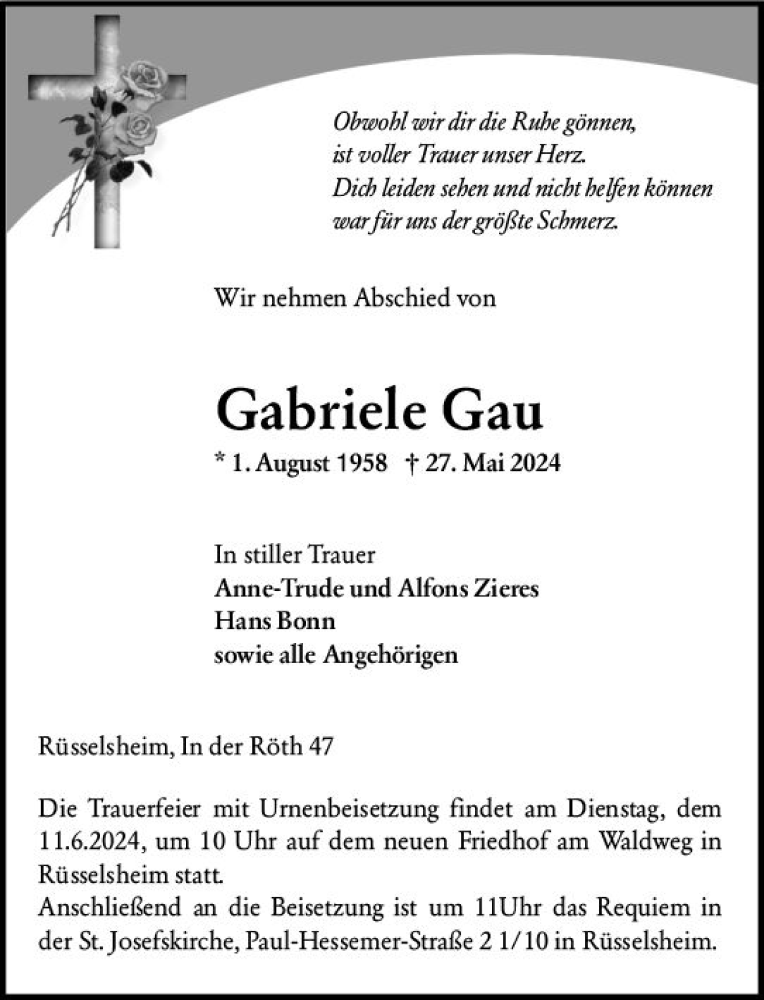  Traueranzeige für Gabriele Gau vom 08.06.2024 aus Rüsselsheimer Echo