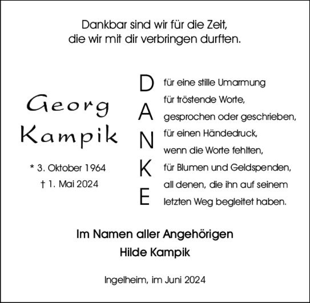  Traueranzeige für Georg Kampik vom 08.06.2024 aus Allgemeine Zeitung Bingen/Ingelheim
