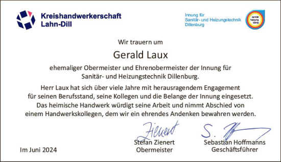 Traueranzeige von Gerald Laux von Dill Block