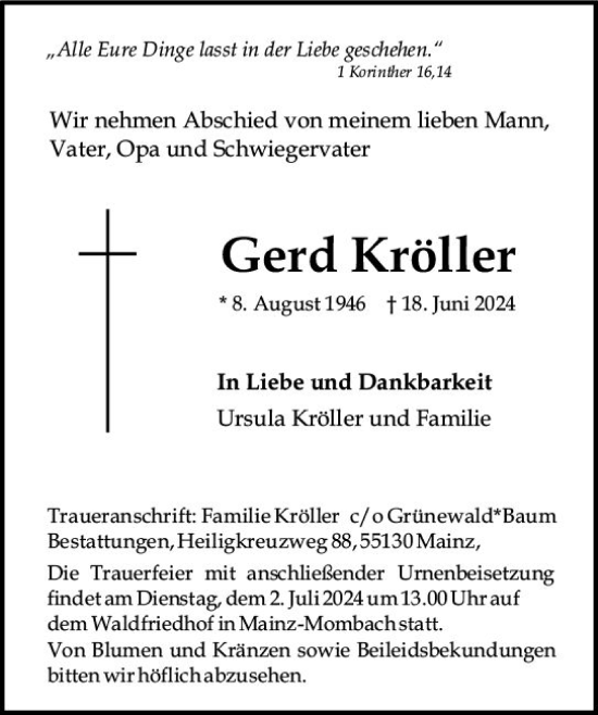 Traueranzeige von Gerd Kröller von Allgemeine Zeitung Mainz