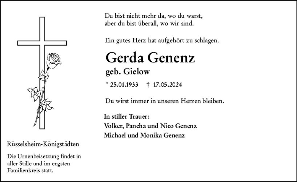  Traueranzeige für Gerda Genenz vom 08.06.2024 aus Rüsselsheimer Echo