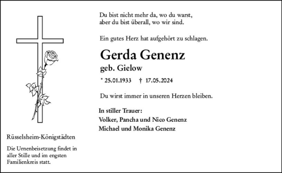 Traueranzeige von Gerda Genenz von Rüsselsheimer Echo