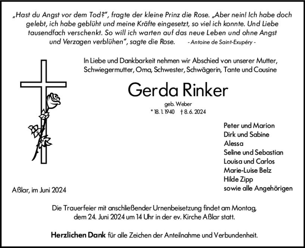  Traueranzeige für Gerda Rinker vom 21.06.2024 aus Wetzlarer Neue Zeitung