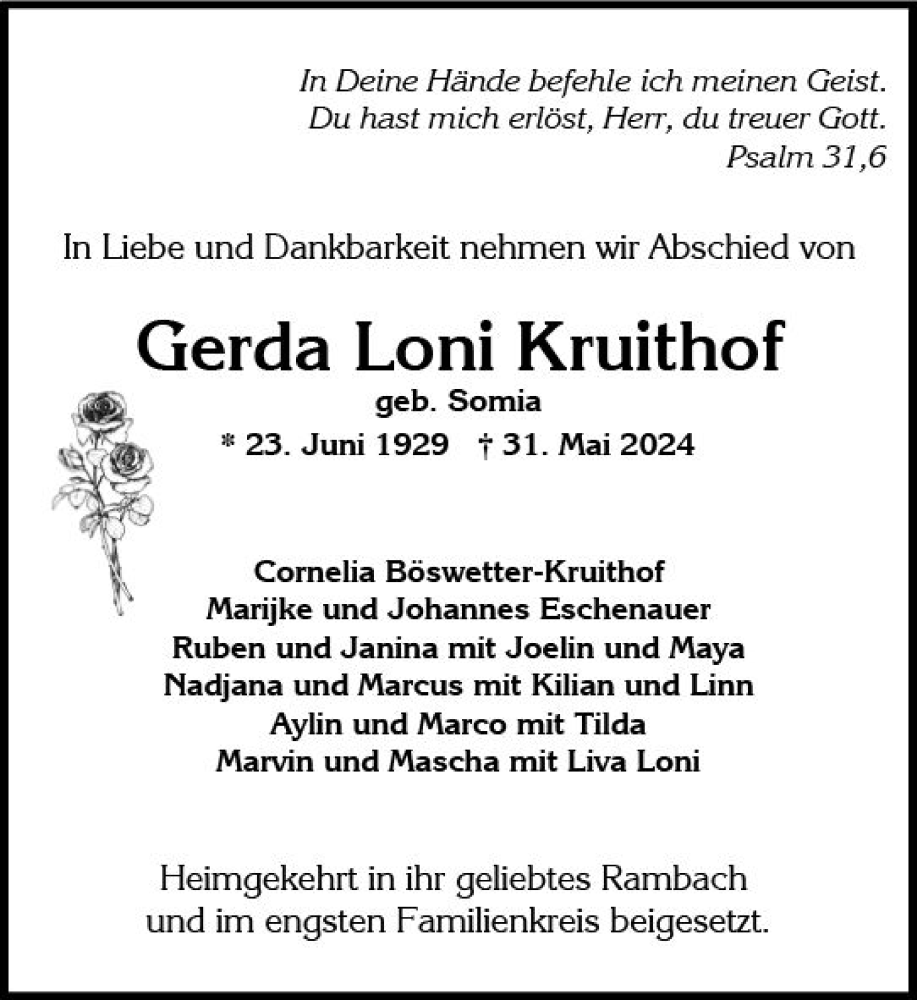  Traueranzeige für Gerda Loni Kruithof vom 29.06.2024 aus Wiesbadener Kurier
