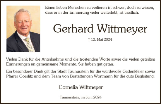 Traueranzeige von Gerhard Wittmeyer von Wiesbadener Kurier