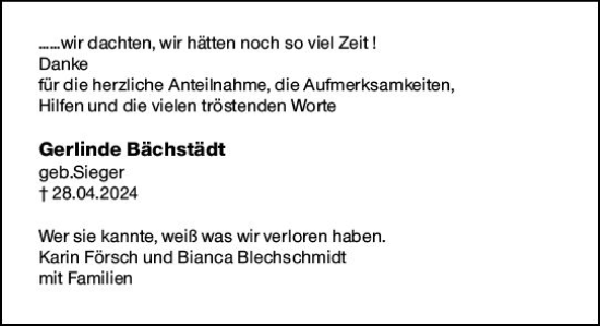 Traueranzeige von Gerlinde Bächstädt von Allgemeine Zeitung Mainz