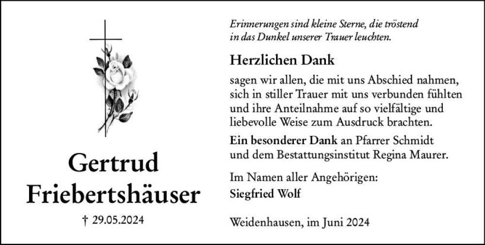  Traueranzeige für Gertrud Friebertshausen vom 22.06.2024 aus Hinterländer Anzeiger