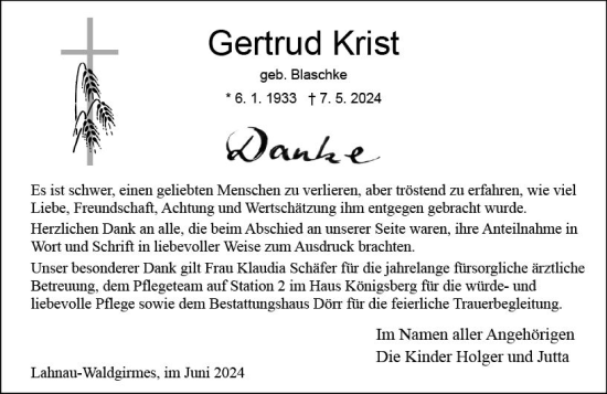 Traueranzeige von Gertrud Krist von Wetzlarer Neue Zeitung