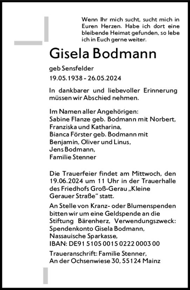  Traueranzeige für Gisela Bodmann vom 15.06.2024 aus Groß-Gerauer Echo