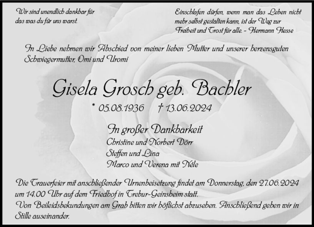  Traueranzeige für Gisela Grosch vom 22.06.2024 aus Groß-Gerauer Echo