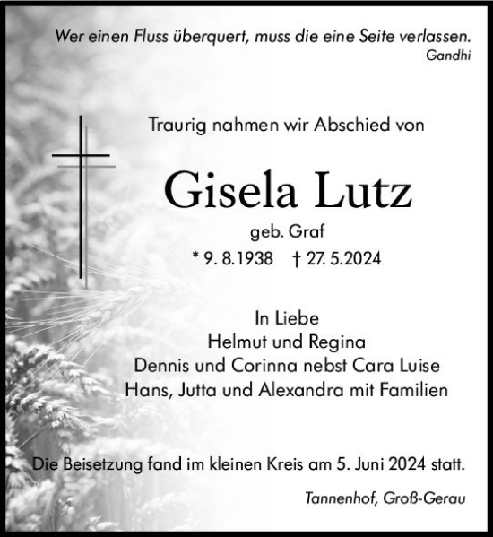 Traueranzeige von Gisela Lutz von Groß-Gerauer Echo