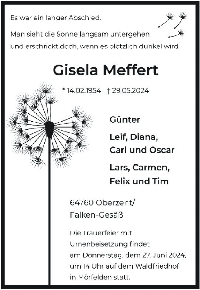  Traueranzeige für Gisela Meffert vom 15.06.2024 aus Odenwälder Echo