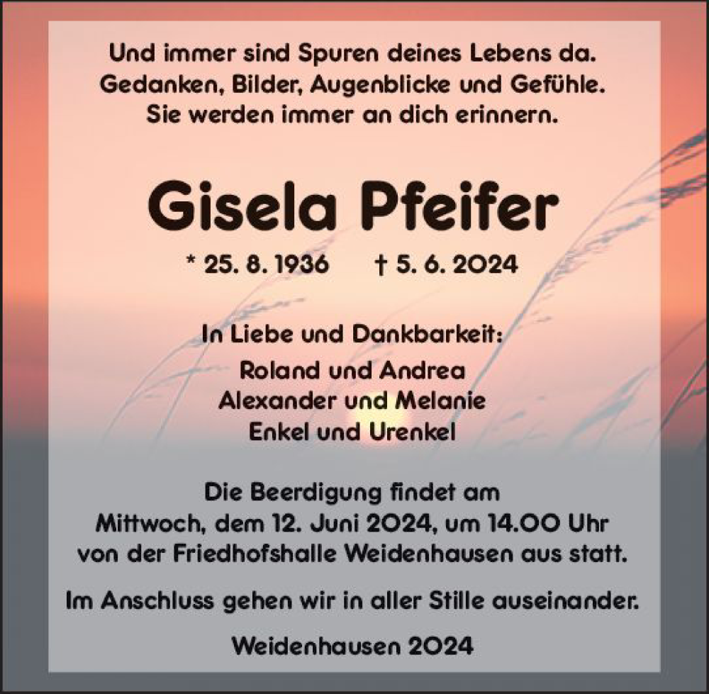  Traueranzeige für Gisela Pfeifer vom 10.06.2024 aus Hinterländer Anzeiger