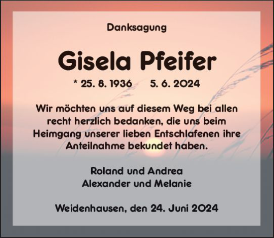 Traueranzeige von Gisela Pfeifer von Hinterländer Anzeiger