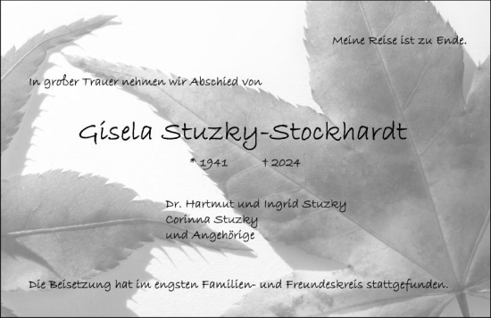 Traueranzeige von Gisela Stuzky-Stockhardt von Wiesbadener Kurier