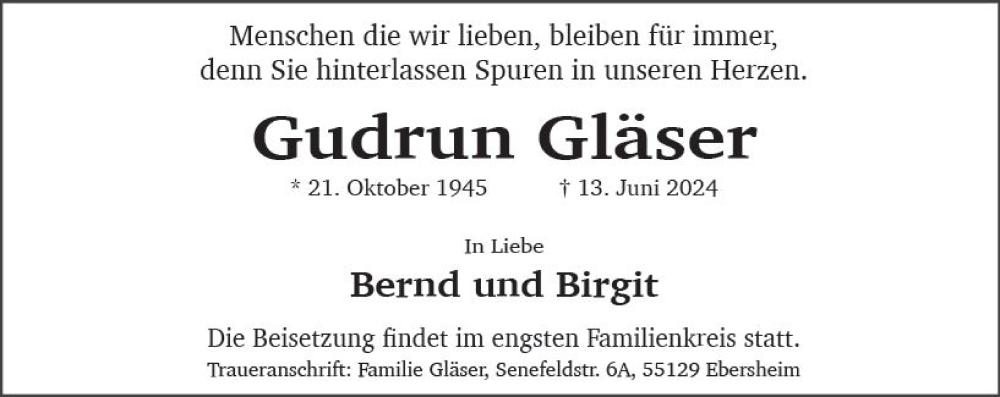  Traueranzeige für Gudrun Gläser vom 22.06.2024 aus Allgemeine Zeitung Mainz