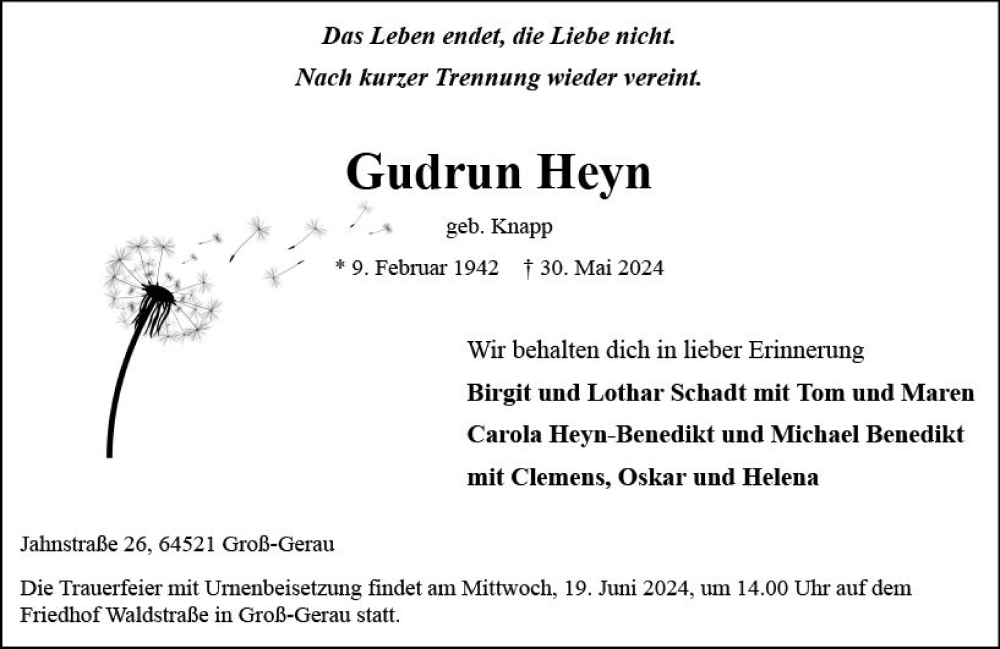  Traueranzeige für Gudrun Heyn vom 15.06.2024 aus Groß-Gerauer Echo