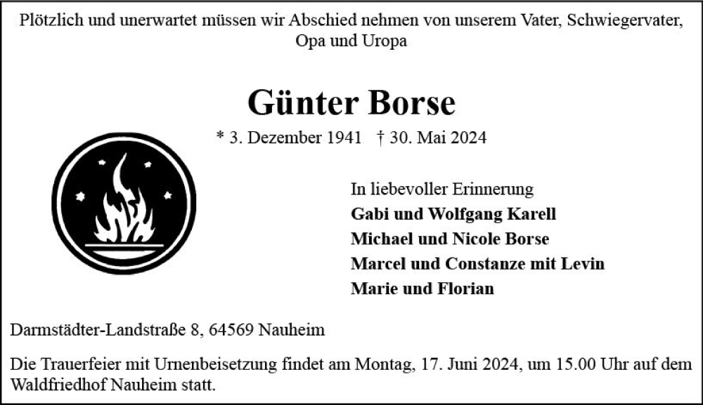  Traueranzeige für Günter Borse vom 15.06.2024 aus Rüsselsheimer Echo