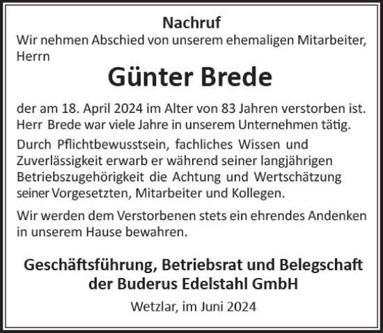 Traueranzeige von Günter Brede von Wetzlarer Neue Zeitung