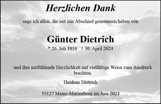 Traueranzeige von Günter Dietrich von Allgemeine Zeitung Mainz