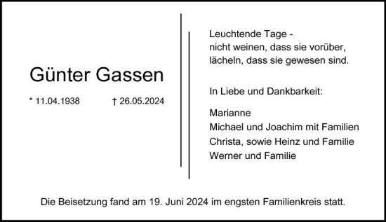 Traueranzeige von Günter Gassen von Darmstädter Echo