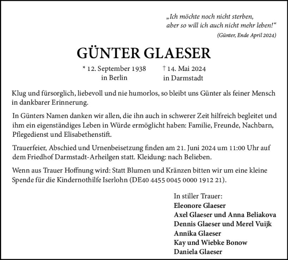  Traueranzeige für Günter Glaeser vom 08.06.2024 aus Darmstädter Echo