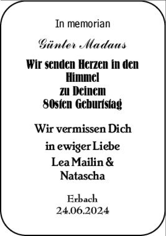 Traueranzeige von Günter Madaus von Odenwälder Echo
