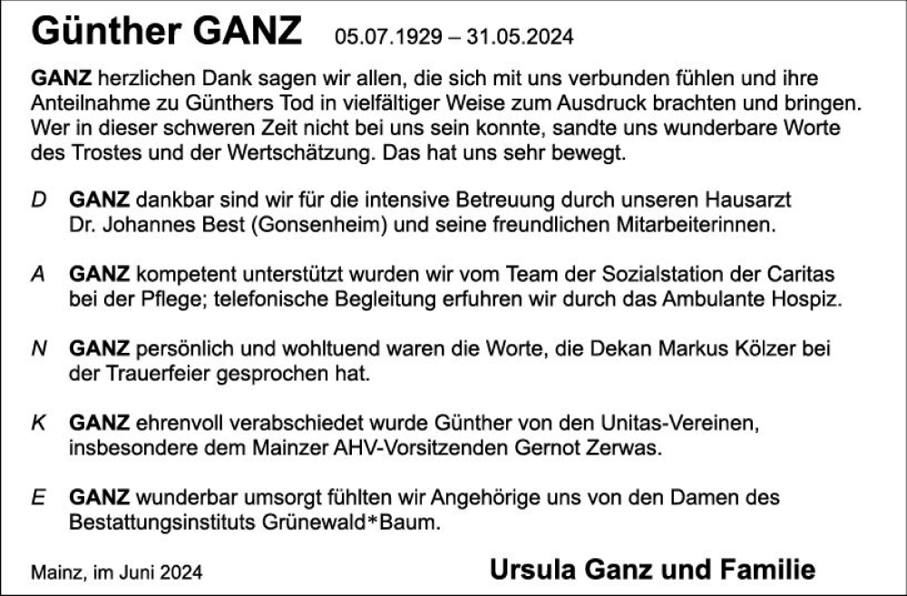  Traueranzeige für Günther Ganz vom 22.06.2024 aus Allgemeine Zeitung Mainz