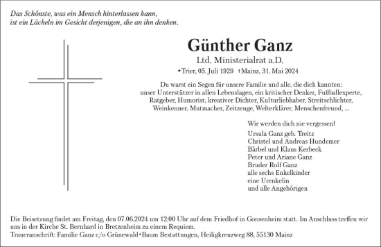 Traueranzeige von Günther Ganz von Allgemeine Zeitung Mainz
