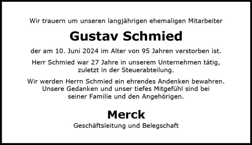  Traueranzeige für Gustav Schmied vom 29.06.2024 aus Darmstädter Echo
