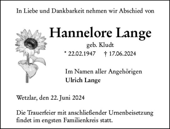 Traueranzeige von Hannelore Lange von Wetzlarer Neue Zeitung