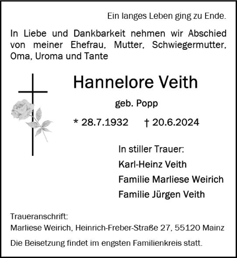  Traueranzeige für Hannelore Veith vom 29.06.2024 aus Allgemeine Zeitung Mainz