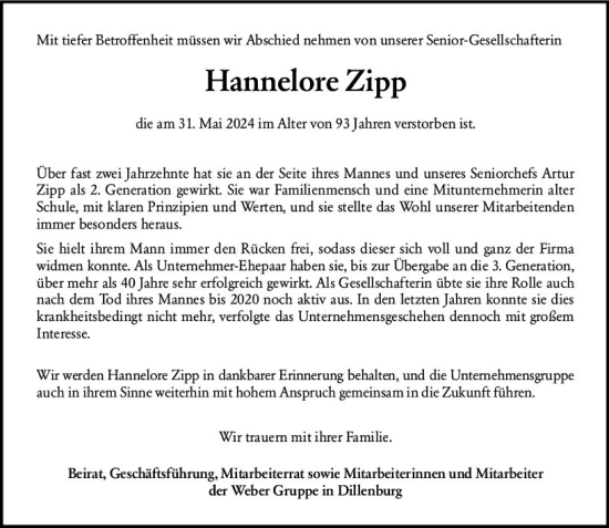 Traueranzeige von Hannelore Zipp von Dill Block