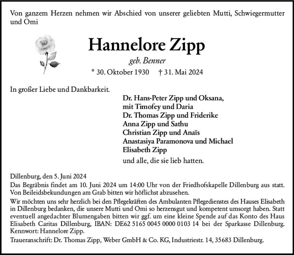 Traueranzeige für Hannelore Zipp vom 05.06.2024 aus Dill Block